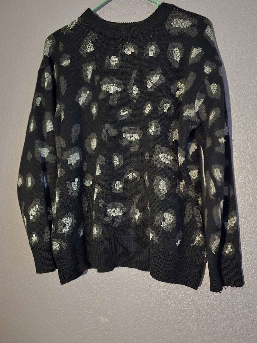Kendall & Kylie Black Crewneck Sweater with Gray Leopard Spots